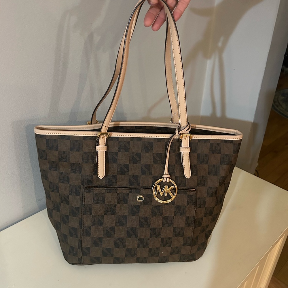 Michael Kors Brown Checkered Tote Bag